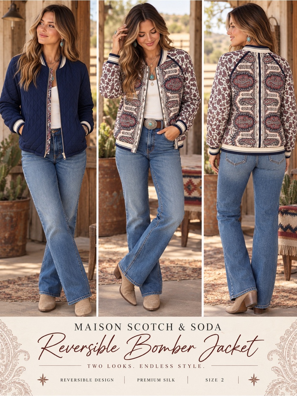 Maison Scotch & Soda Paisley Silk Reversible Bomber Jacket Size 2